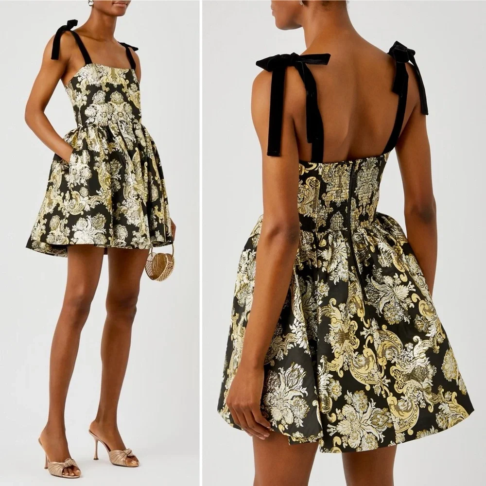 Alice + Olivia Fay Jacquard Corset Metallic Mini Dress Black Gold Silver 4 Small - Picture 2 of 14